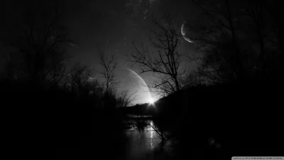 A crescent hangs high over bare trees while a second pale sliver sits near the horizon, its light broken up on a strip of water below.