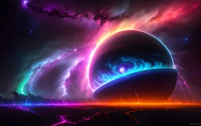 A huge planet lifts above a flat lit plain while pink, green and violet nebula sheets fold behind it and thin lightning runs along the ground.