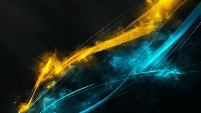Streaks of gold and cyan light collide mid-frame like crossing sparks, all four corners falling to solid black where desktop icons sit.