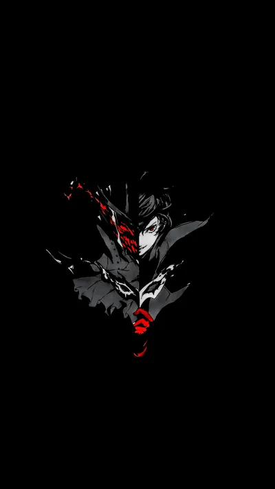 A caped figure in a white mask lunges forward, red slashes and dark feathers scattering around him on a black field.