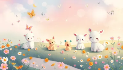Five toy-like white and beige animals line a stone path through daisies, butterflies overhead, the rosy sky at top too pale for white clock digits.