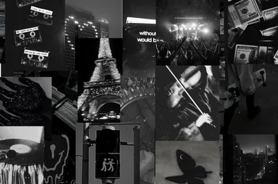 Tiled monochrome shots — the Eiffel Tower, a crossing signal, a crowd, banknotes — packed edge to edge.