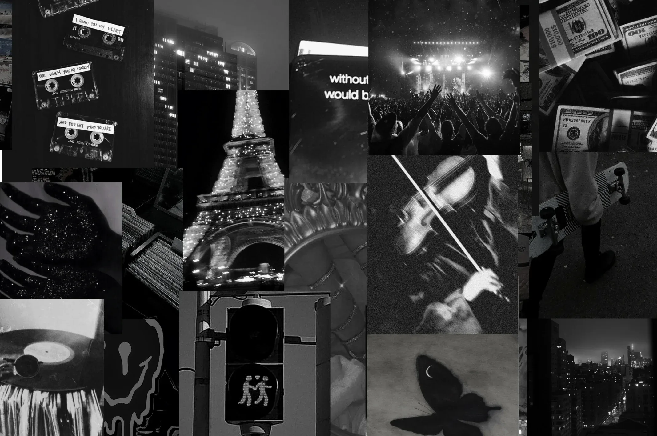 Tiled monochrome shots — the Eiffel Tower, a crossing signal, a crowd, banknotes — packed edge to edge.