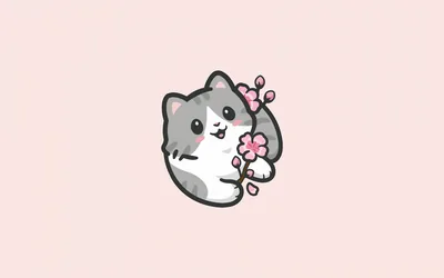 One curled grey and white kitten grips a cherry blossom sprig at dead centre of plain blush pink, every margin left empty so icons never cover it.