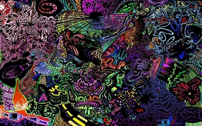A wall-to-wall blacklight doodle collage of snakes, webs, mushrooms and eyes in neon ink — busy in every corner, with no quiet space at all.