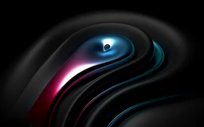 Smooth black ribbons curl around a small blue centre, a magenta light bleeding in from the lower left and a teal edge tracing the outer curve.