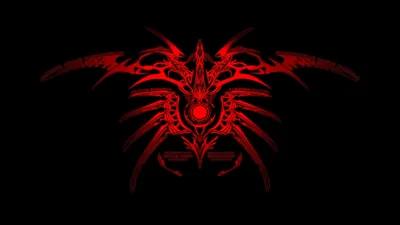 A symmetrical winged crest in red line work sits centred on pure black, a single glowing orb set at its middle.