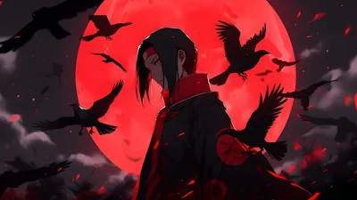 A shinobi looks over his shoulder as crows scatter past a huge red moon, the whole scene lit in crimson with dark clouds bunched at the edges.