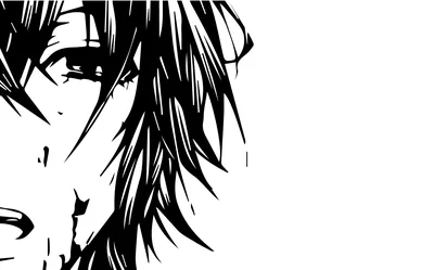 Half an anime boy's face drawn in heavy black brush strokes on white, hair falling in sharp shards across one eye.