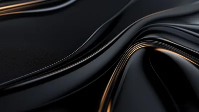 Lacquered black fabric folds across the frame, hairline gold seams following the ridges, the upper left left as flat matte black.