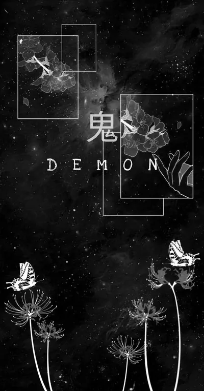The character 鬼 sits inside two thin white rectangles above the word DEMON, with pale spider lilies drawn along the bottom of a grainy black field.