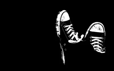 A pair of high-top sneakers hangs against solid black, drawn in high-contrast white.