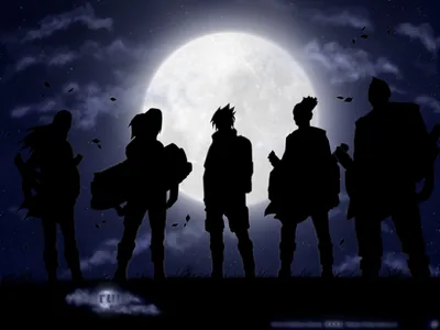 Five figures stand in a row as flat black cutouts, a full moon and thin cloud bands filling the sky behind them.