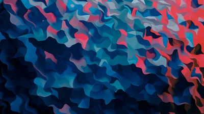 Interlocking squiggle layers stack like torn paper, deep navy in the lower left rising to coral and ice blue at the top right — an organic camo gradient.