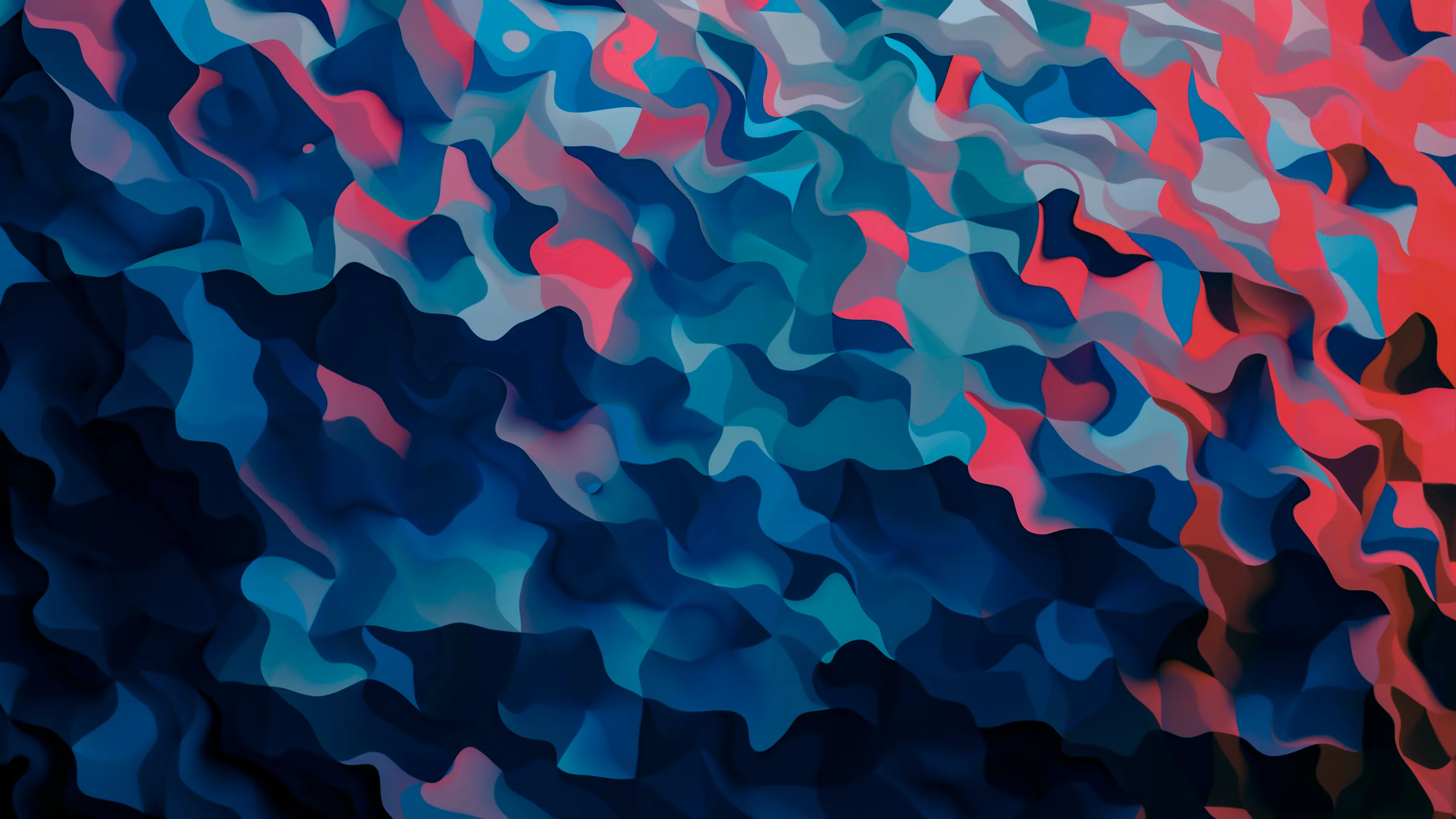 Interlocking squiggle layers stack like torn paper, deep navy in the lower left rising to coral and ice blue at the top right — an organic camo gradient.