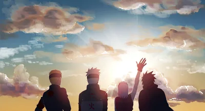 Four friends sit in silhouette watching sunlit clouds break open, one arm raised in greeting — the bright upper sky leaves room for a desktop clock.