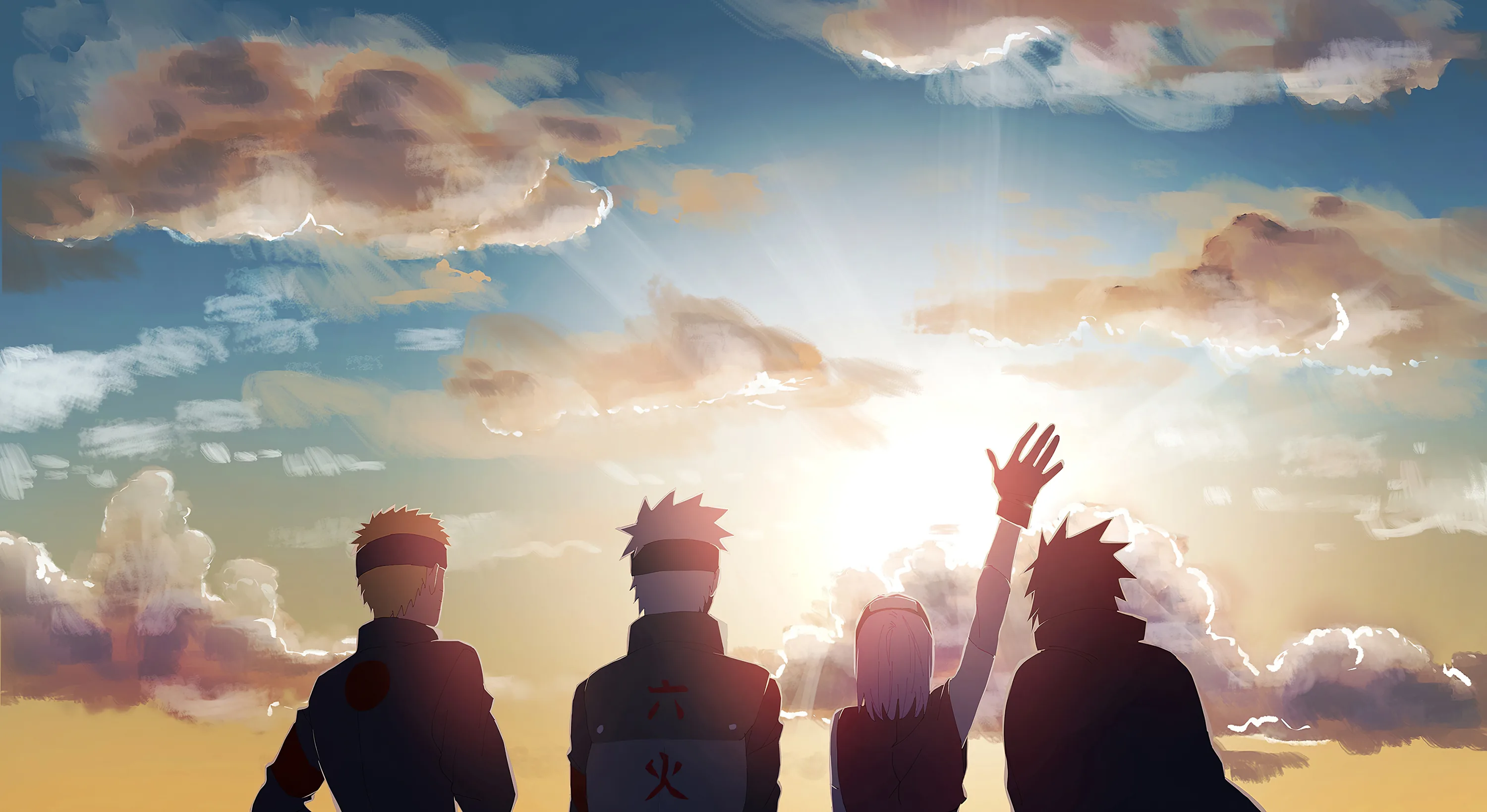 Four friends sit in silhouette watching sunlit clouds break open, one arm raised in greeting — the bright upper sky leaves room for a desktop clock.