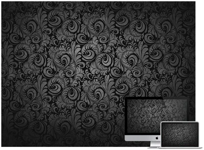 Dense charcoal scrollwork tiles the whole wall, shown again small on a monitor and laptop stacked in the lower right corner.