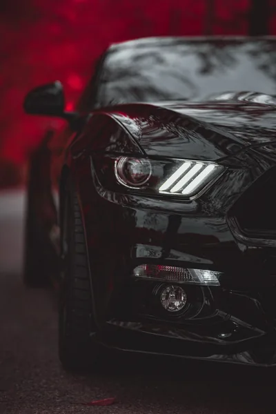 Tight vertical crop on the nose of a black Mustang, three LED bars glowing inside the lamp while a wall of blurred red foliage fills the background.
