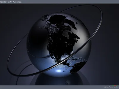 A 3D render of Earth in dark brushed metal, North America facing out, a thin silver ring circling the globe above its glowing blue base.