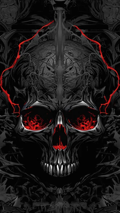 Red light cracks around the crown of a carved grey skull and pools in its eyes, the ornate background almost black behind it.