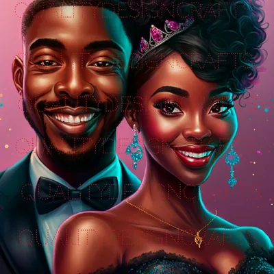 An illustrated portrait of a laughing man in a bow tie beside a woman in a tiara and lace gown, painted against a magenta and teal gradient.