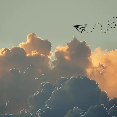 A hand-drawn paper plane loops along a dashed line above golden sunset cumulus, white doodle outlines tracing the cloud edges of an edited photo.