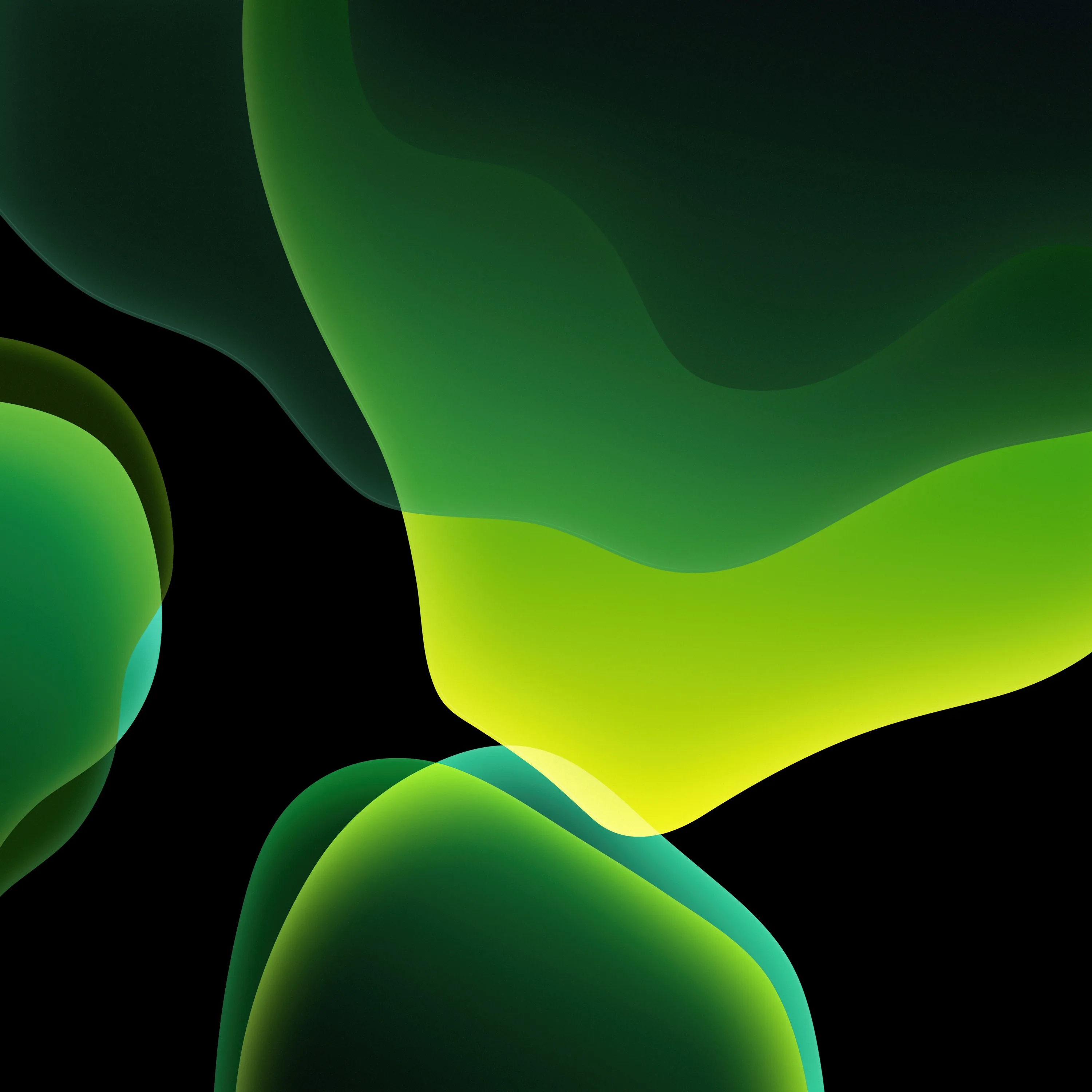 Rounded shapes in lime and teal float on a black square, their edges glowing brightest where they overlap.
