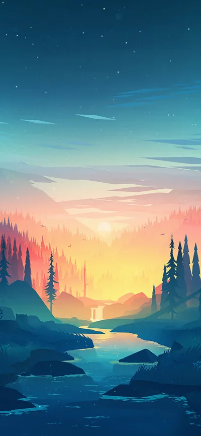 Faint stars hang in the teal upper sky while a small waterfall glows at dead centre between flat-art pines, dark rocks dotting the foreground stream.
