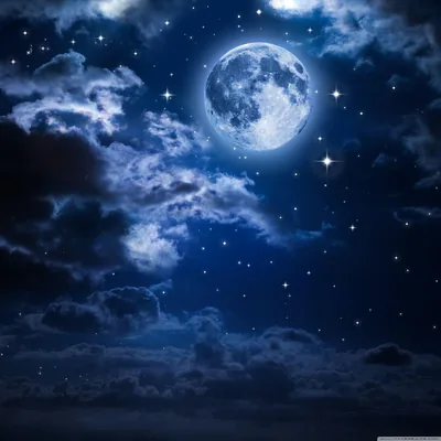 Deep blue clouds and scattered stars surround a detailed full moon in this square frame, which crops cleanly for either phone or desktop.