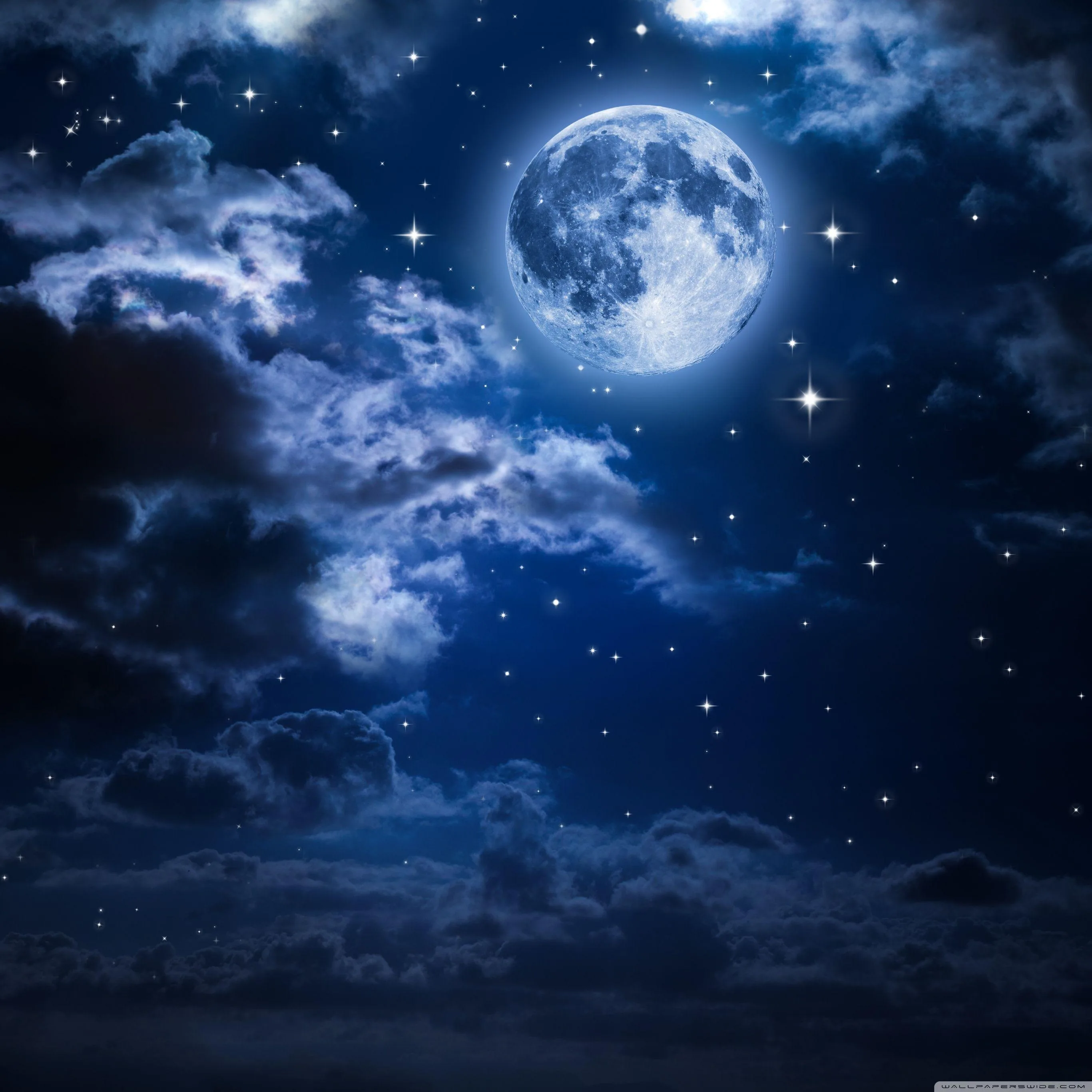 Deep blue clouds and scattered stars surround a detailed full moon in this square frame, which crops cleanly for either phone or desktop.