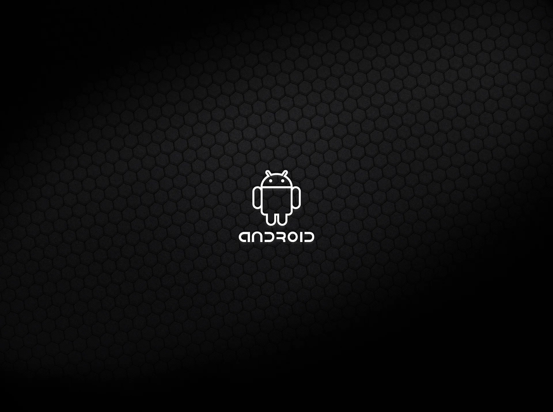 The Android mascot sits centred in white on a black honeycomb weave, the pattern fading out toward the corners.