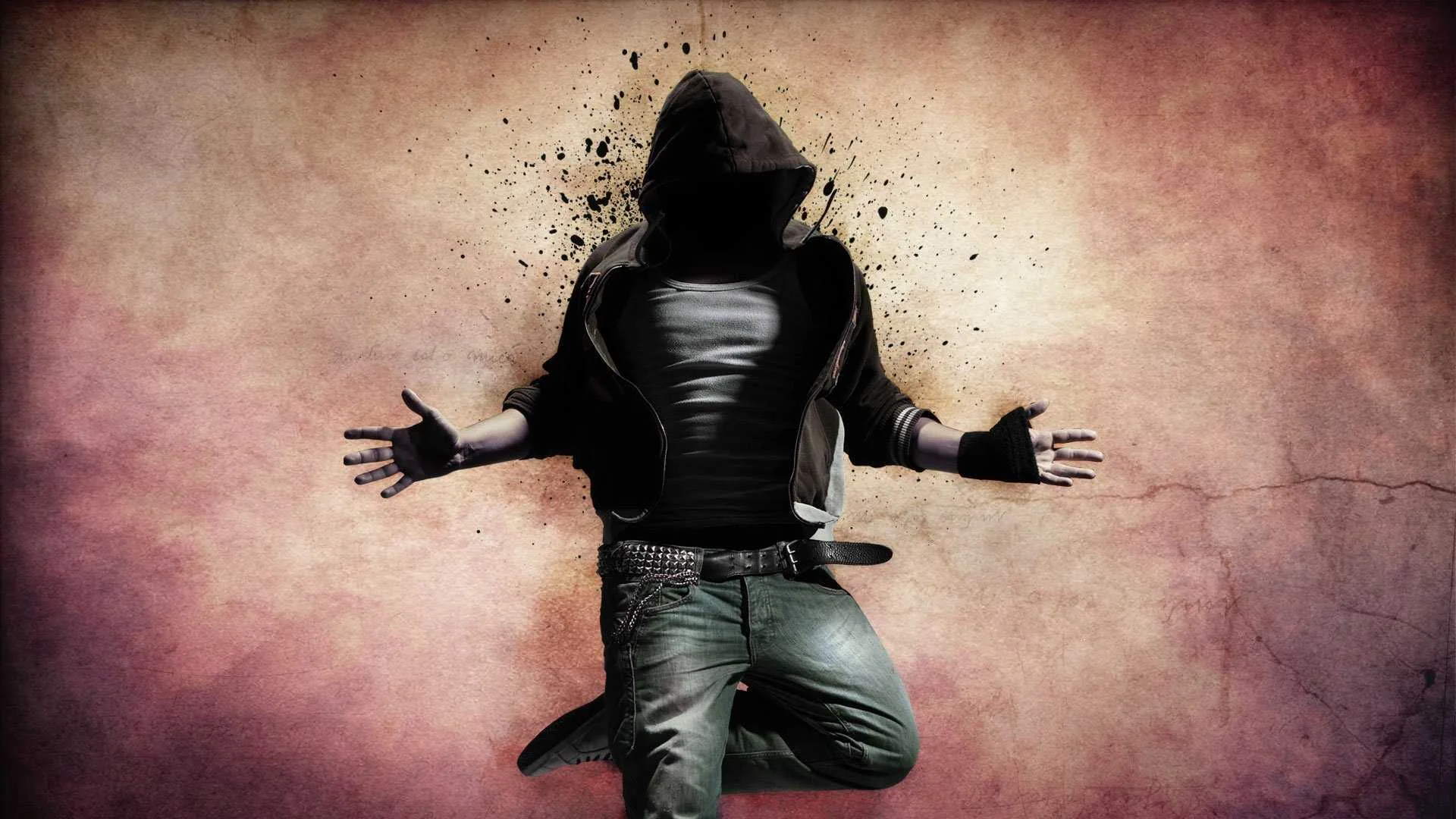 A kneeling figure spreads both arms as the head and shoulders scatter into ink-like particles across a mottled wall.