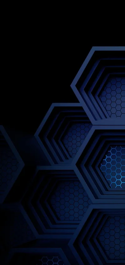 Bevelled hexagons with honeycomb mesh centres stack down the right side, while the upper left corner stays flat black with room for a clock.