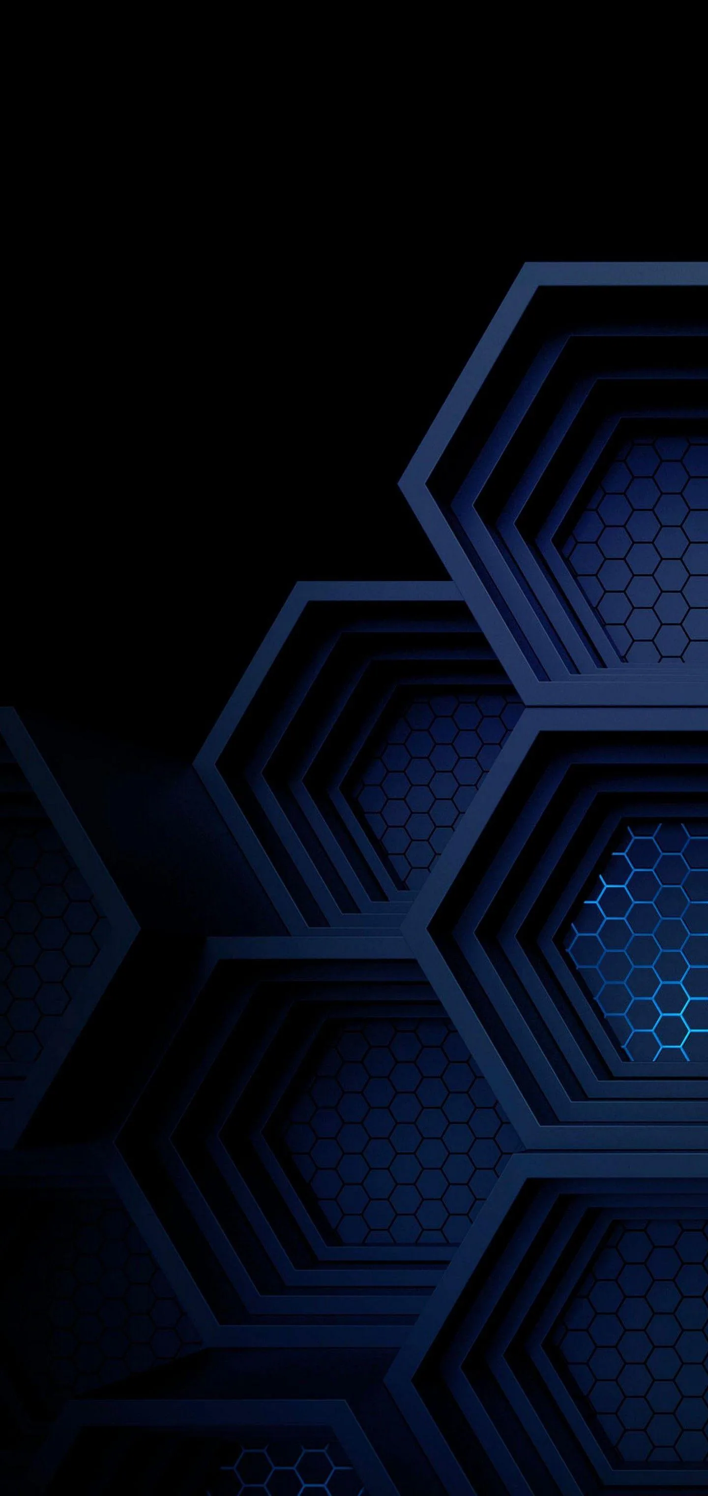 Bevelled hexagons with honeycomb mesh centres stack down the right side, while the upper left corner stays flat black with room for a clock.