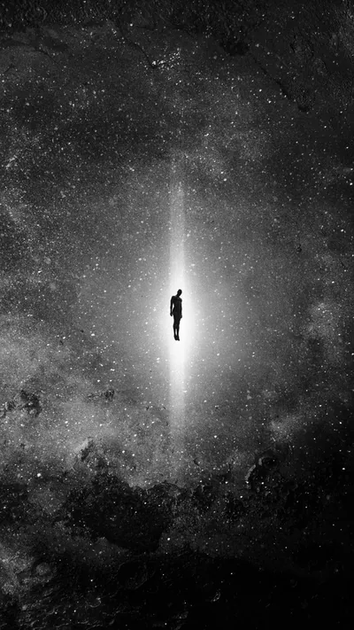 A single figure stands in a vertical shaft of light against a grainy monochrome sky, dark cloud pressing in from both sides.