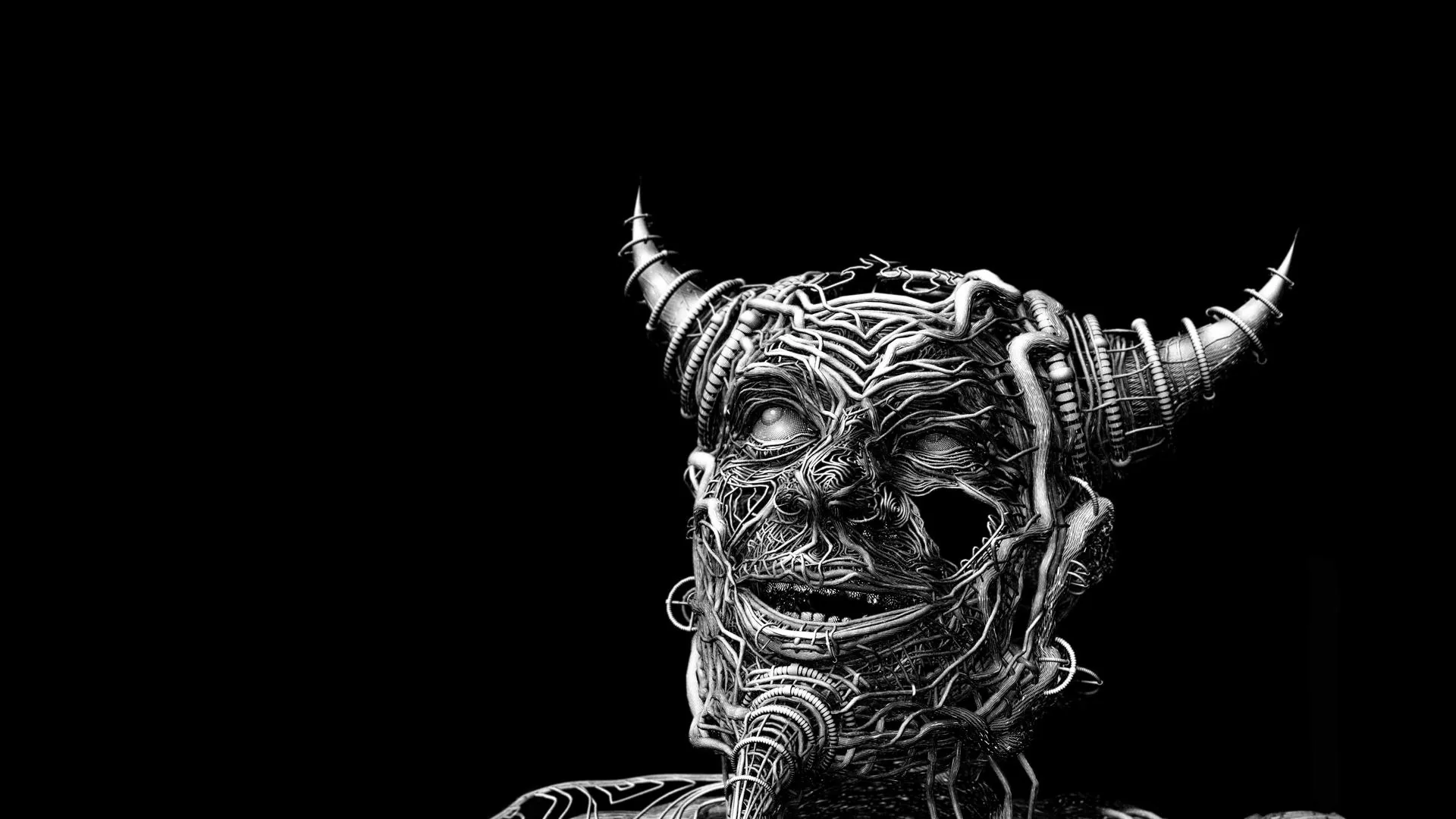 A horned face sculpted in fine metallic detail leans out of pure black, the right side of the frame empty.