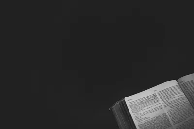 An open book with printed pages sits in the bottom right of a monochrome frame, the rest of the space left as empty grey-black.