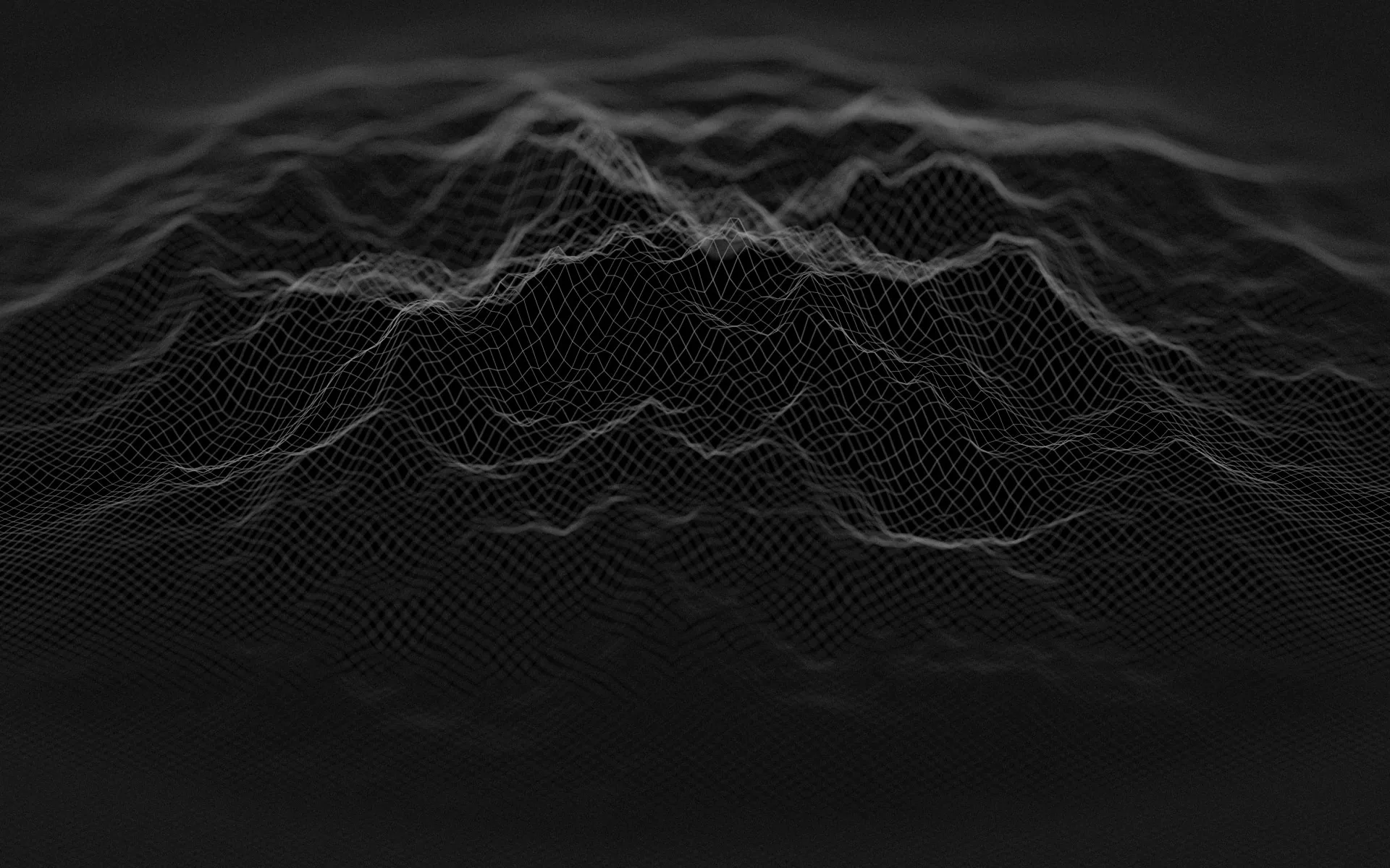 A low ridge built from fine wireframe grid lines swells across the centre, the mesh fading into shadow at every corner.