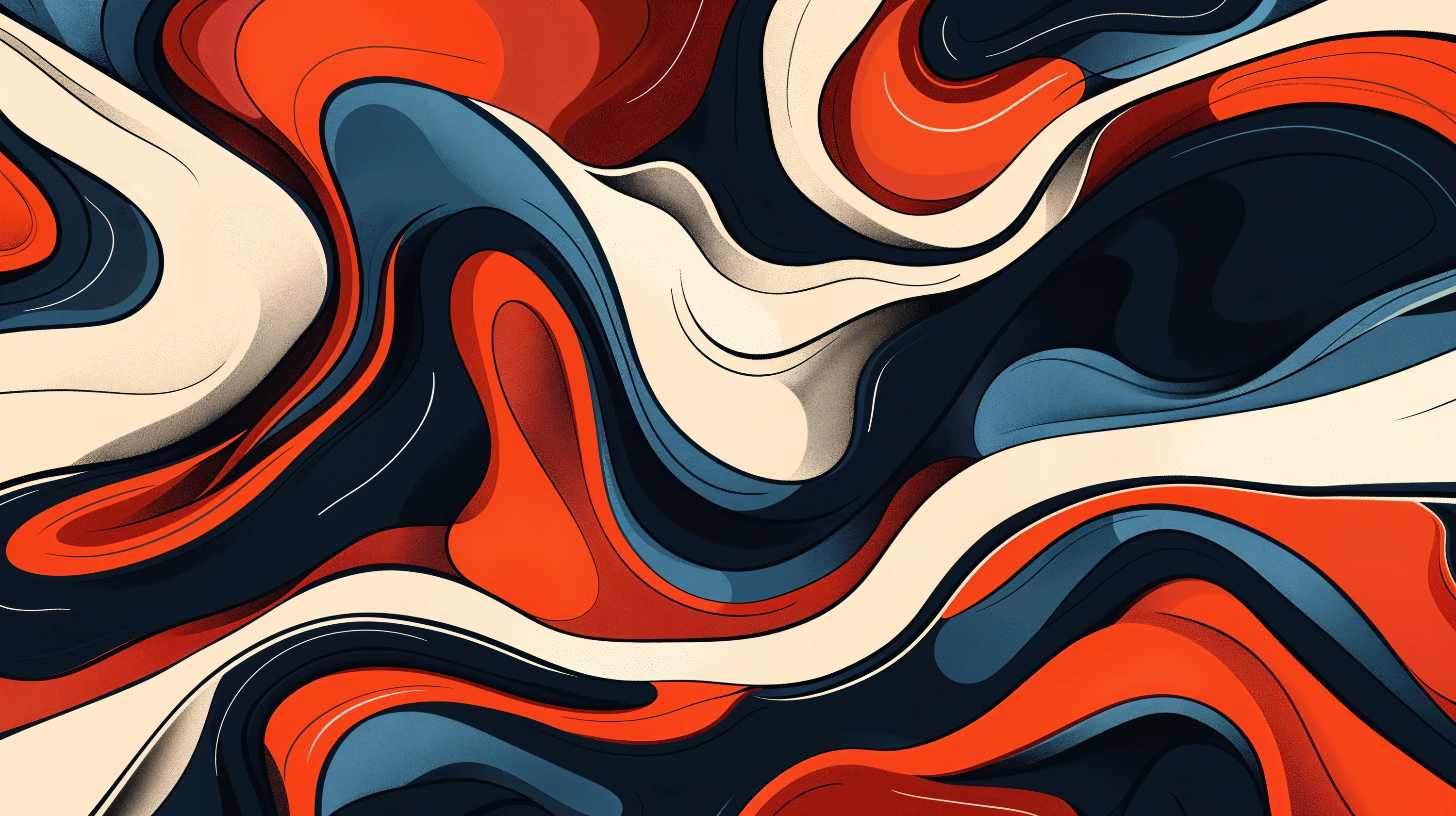 Groovy waves of red, cream, and navy loop across the frame like melted vinyl, with no single focal point so any crop still works.
