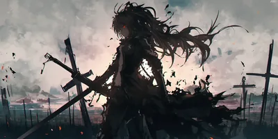 A long-haired figure stands among leaning crosses and broken blades under a heavy grey sky, coat torn into drifting fragments.