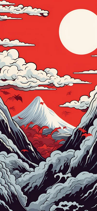 Woodblock-style waves and dark ridges frame a snow-capped peak under a red sky, the white sun sitting top right and scattered red birds circling the summit.