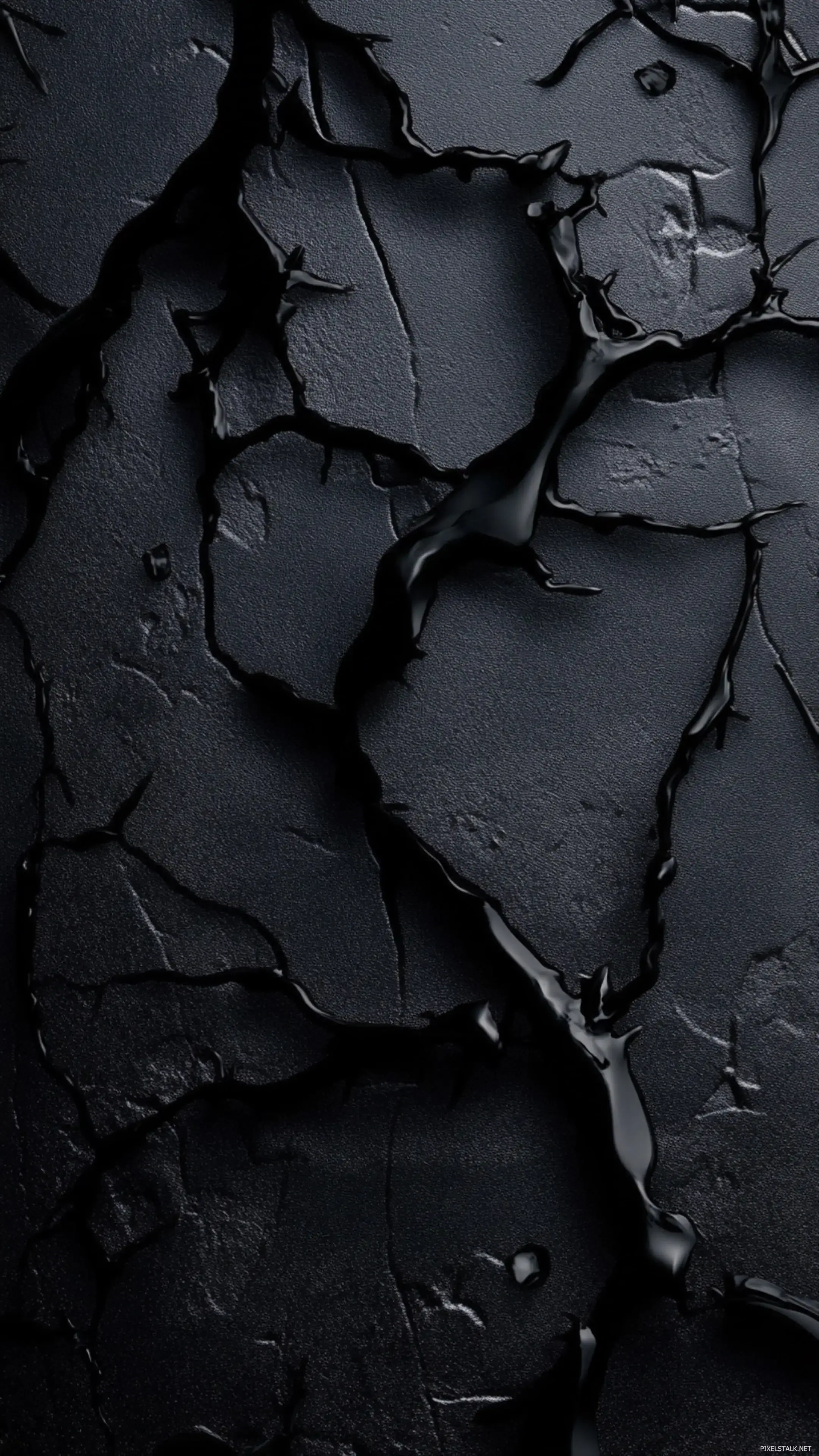 Thick black paint has split and peeled into plates, deep shadow filling the gaps where the layers lifted away.