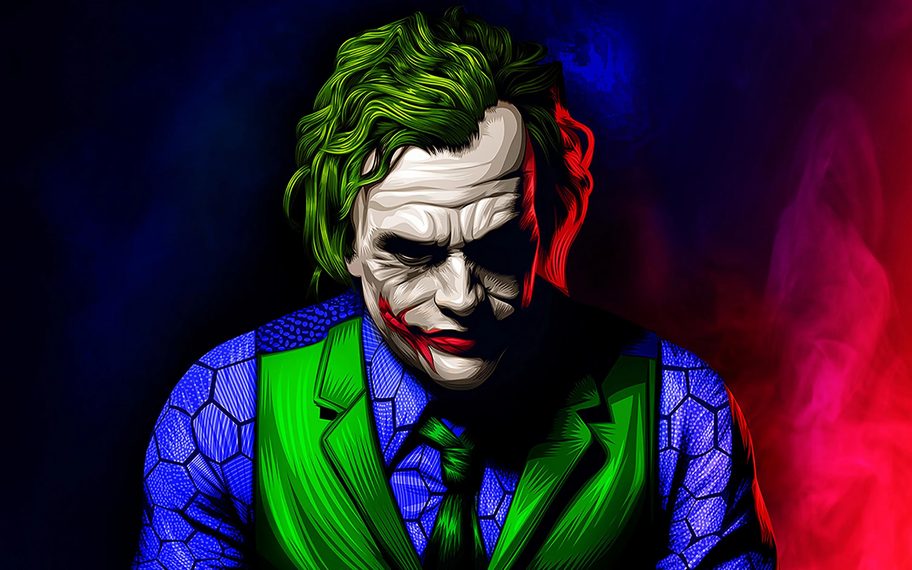 Head bowed, the Joker wears a scale-patterned blue jacket over a green tie, blue light washing the left edge and red haze the right.