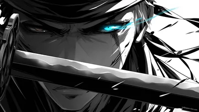 A blade cuts horizontally through the frame in front of a scowling face, one eye burning electric blue in an otherwise black and white drawing.