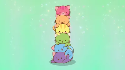 Six cats in rainbow order balance in a tower at the centre of sparkling mint green, leaving wide bare margins on both sides for desktop icons.