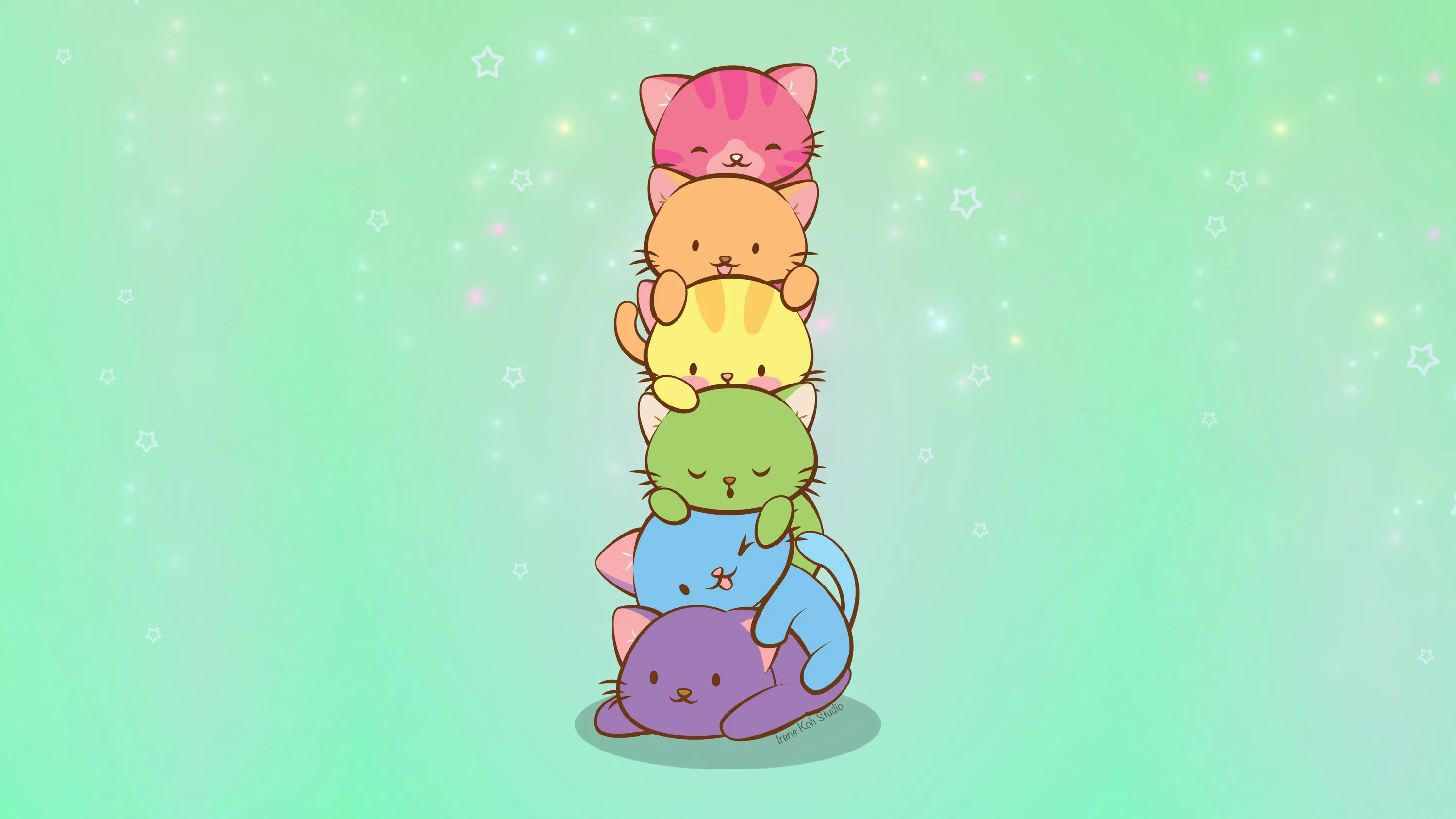 Six cats in rainbow order balance in a tower at the centre of sparkling mint green, leaving wide bare margins on both sides for desktop icons.