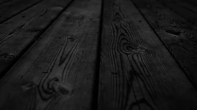 Weathered boards run away from the camera in near-black grain, the knots catching just enough light along the middle planks.