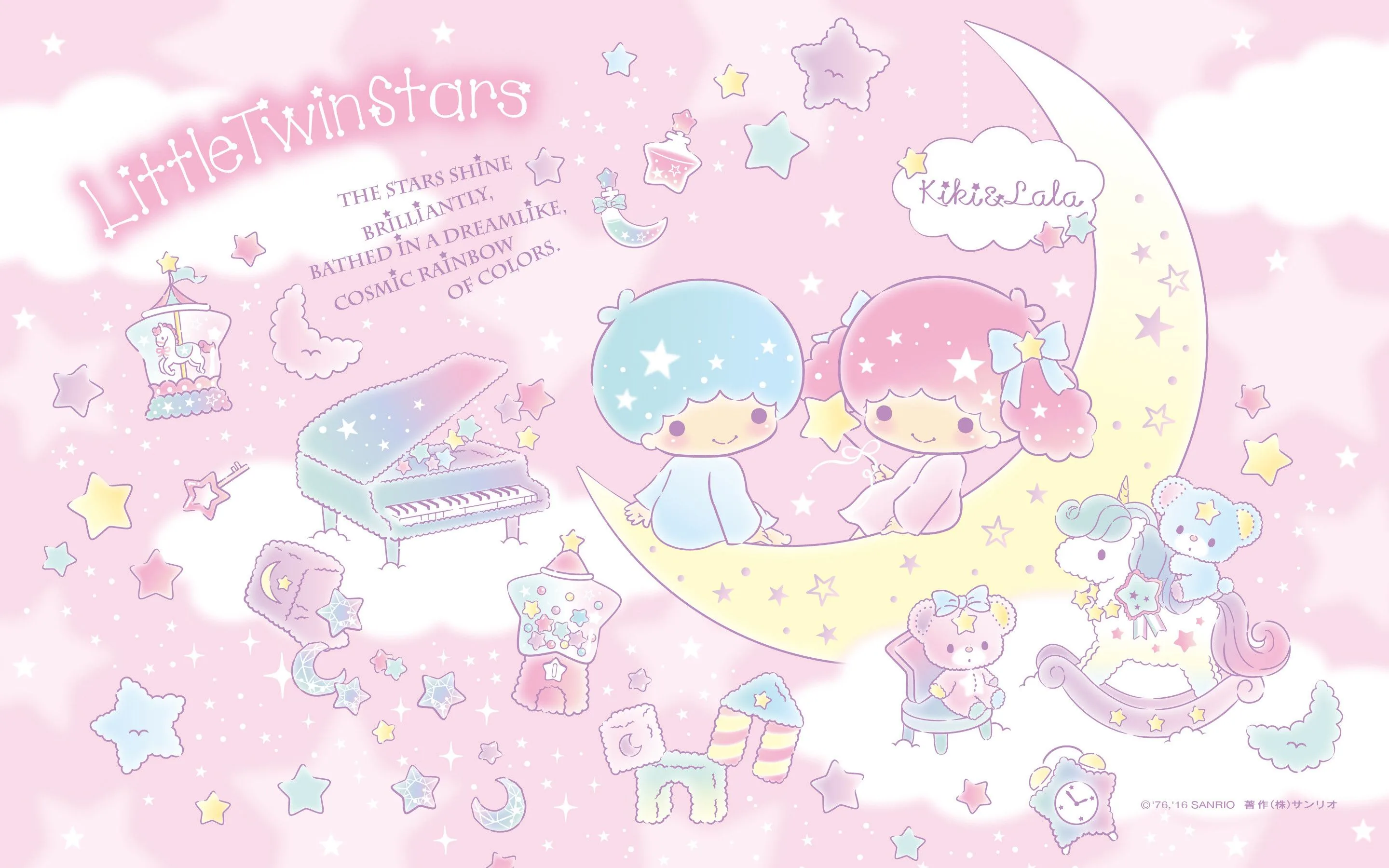 Kiki and Lala sit on a gold crescent among pianos, castles and toys in this official Sanrio spread, with drawings filling every corner so icons sit over artwork.