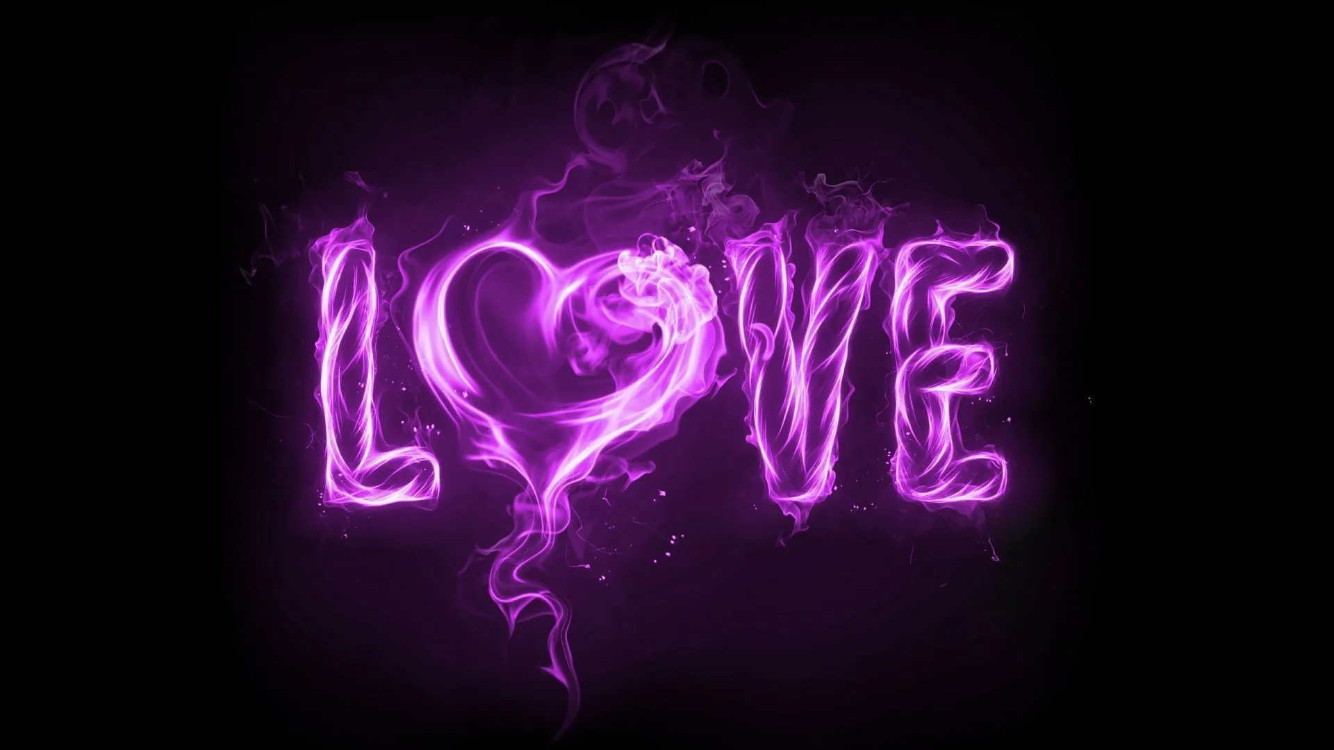 The word love burns in violet smoke against black, the O replaced by a heart that trails wisps upward.